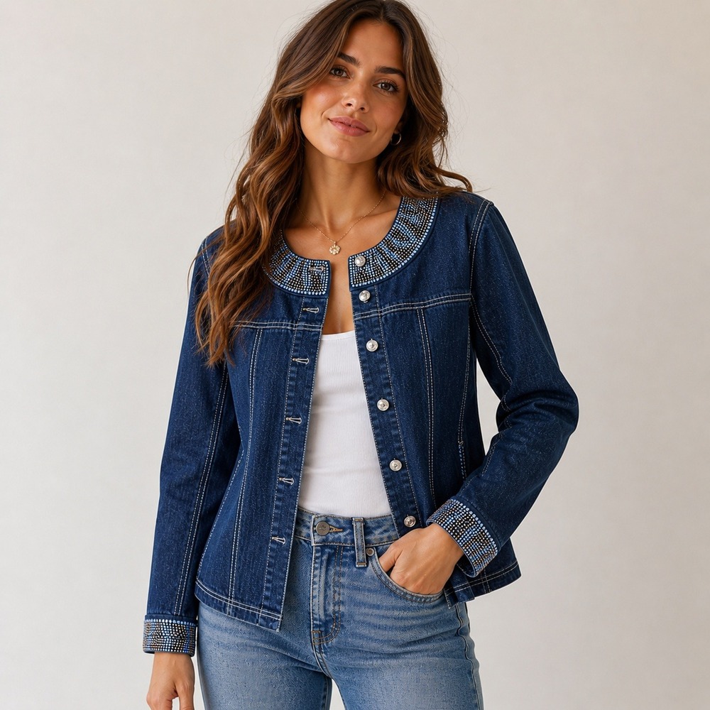 Quacker Factory XL Denim Jacket Rhinestone Bling Y2K-Inspired Western